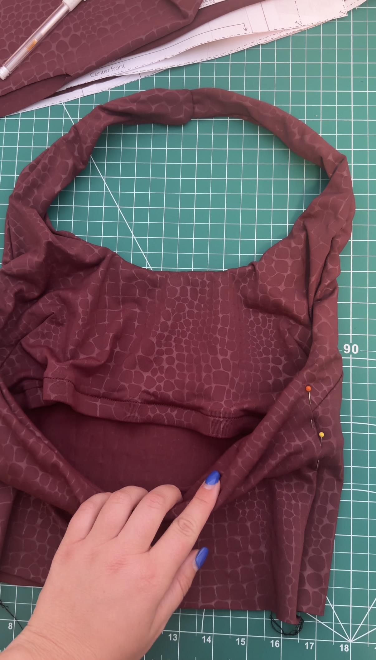 The built-in shelf bra inside the halter top, laid flat
